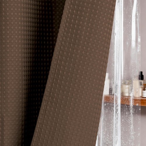Dynamene Long Shower Curtain and Liner Set - 78 inch Tall Waffle Fabric, Waterproof Clear Liner, Heavy Duty Weighted Hotel Luxury Cloth Shower Curtains for Bathroom with 12 Hooks, 72x78, Brown
