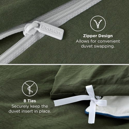 Bedsure Olive Green Duvet Cover Set - Extra Soft Prewashed Cotton-Like Polyester | Queen Size 3 Pieces, 90x90 Inches with Zipper Closure & 2 Pillow Shams