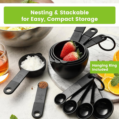 Spring Chef Magnetic Measuring Cups & Spoons Set - Nesting Kitchen Tools with Easy-to-Read Markings, BPA-Free, Black