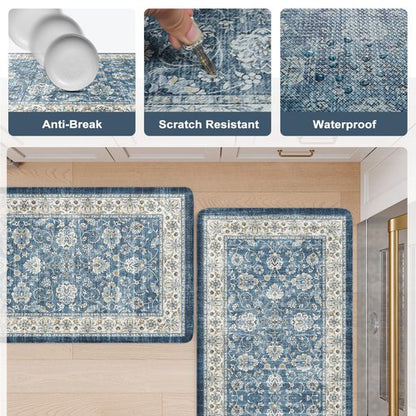 KIMODE Kitchen Mats Cushioned Anti Fatigue, Boho Oriental Kitchen Rugs Sets of 2, Blue Kitchen Mats for Floor, Padded Kitchen Floor Mat, Non Slip Standing Desk Mats for Sink Laundry Office