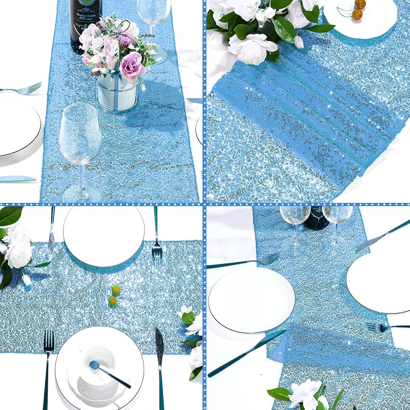 Lake Blue 6-Piece 12 x 108 Inch Sequin Table Runner Set - Glitter Decor