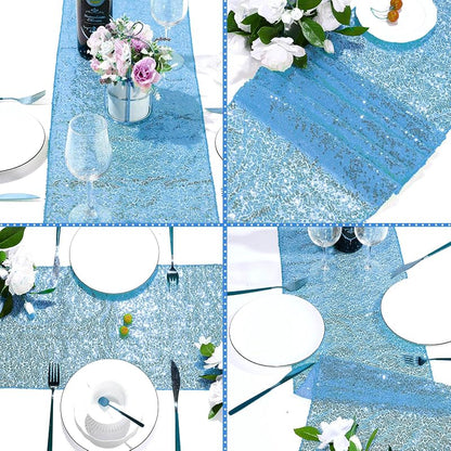 Lake Blue 6-Piece 12 x 108 Inch Sequin Table Runner Set - Glitter Decor