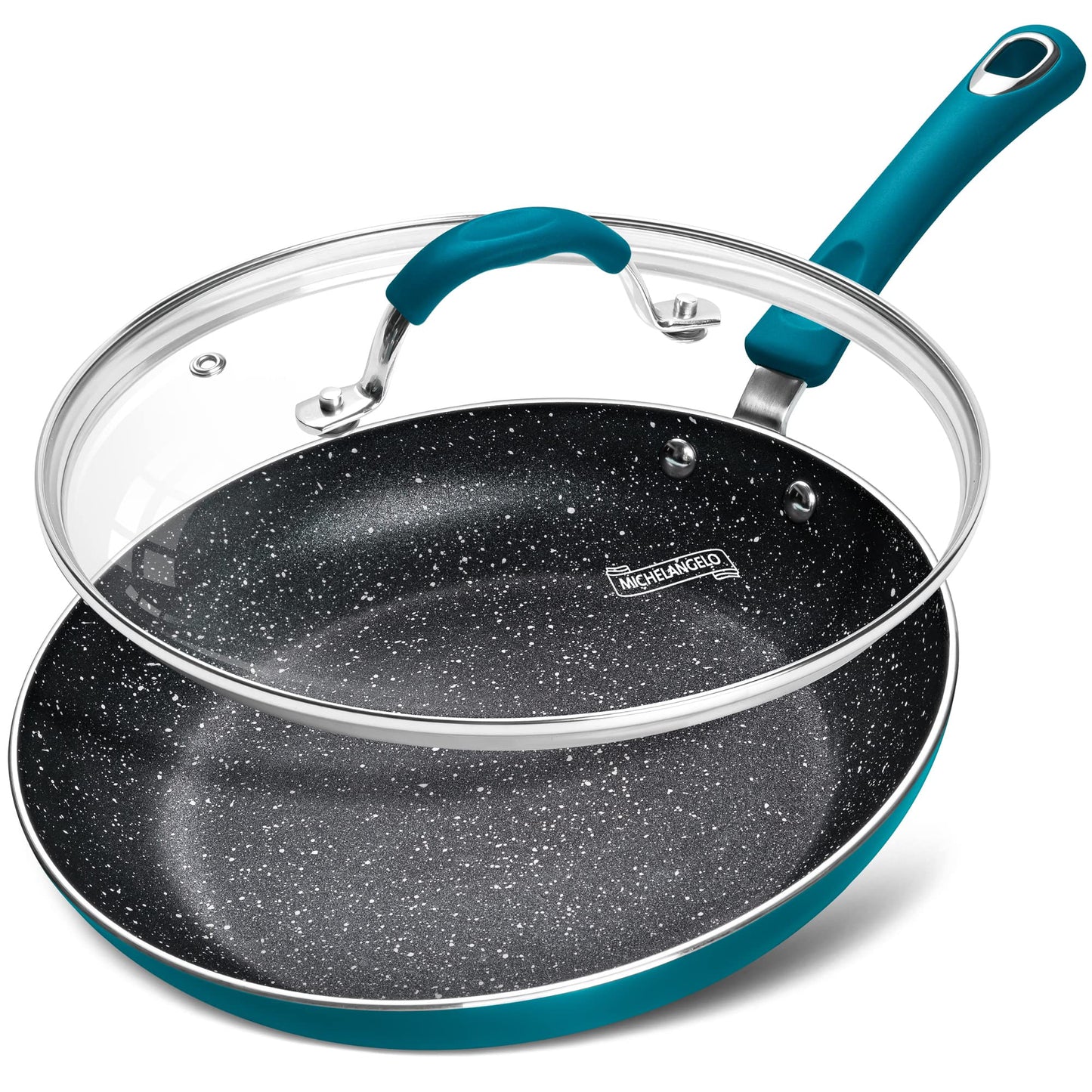 MICHELANGELO Nonstick Frying Pan with Lid, Enameled 10 Inch Frying Pan Non Stick Fry Pan with Silicone Handle, Non-Toxic Skillet with Granite Interior, Cyan
