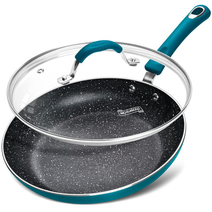 MICHELANGELO Nonstick Frying Pan with Lid, Enameled 10 Inch Frying Pan Non Stick Fry Pan with Silicone Handle, Non-Toxic Skillet with Granite Interior, Cyan