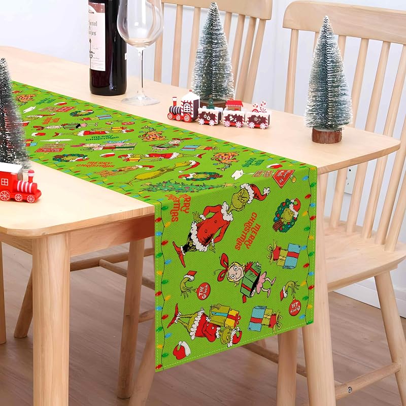 Merry Christmas Table Runner 13 x 72in Green Linen Rustic Decor