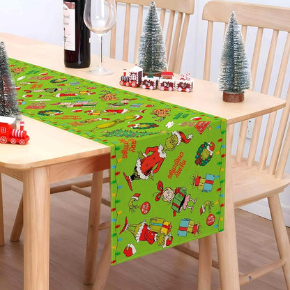 Merry Christmas Table Runner 13 x 72in Green Linen Rustic Decor