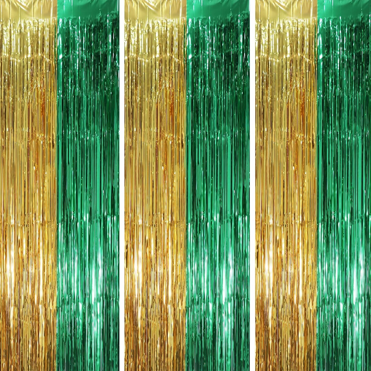 Voircoloria Green and Gold Foil Fringe Backdrop Curtains - 3 Pack Tinsel Streamers for Parties | 3.3 x 8.2 ft