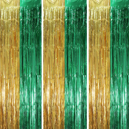 Voircoloria Green and Gold Foil Fringe Backdrop Curtains - 3 Pack Tinsel Streamers for Parties | 3.3 x 8.2 ft
