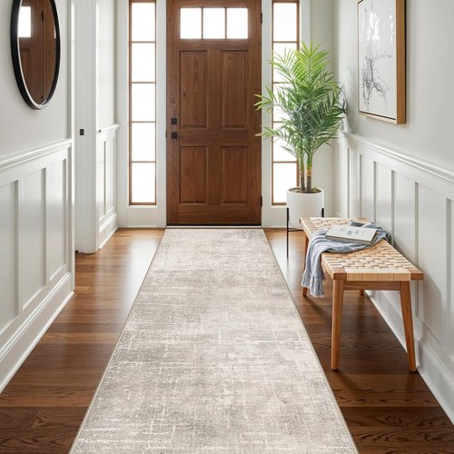 Abstract Kitchen Rug Runners - Washable Non-Slip 10ft Area Rug for Hallway & Entryway | Soft Beige/Cream