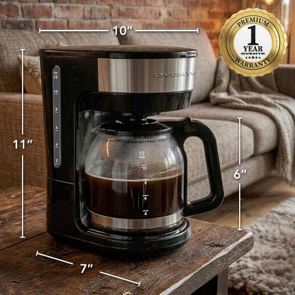 OVENTE 12-Cup Drip Coffee Maker - One-Touch Operation, Anti-Drip System, Black | Borosilicate Glass Carafe