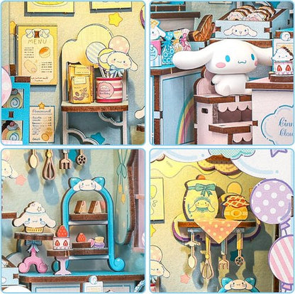Hands Craft Cinnamoroll Cloud Bakery Book Nook Kit - Kawaii 3D Puzzle with LED Lights | DIY Wooden Craft for Bedroom Decor