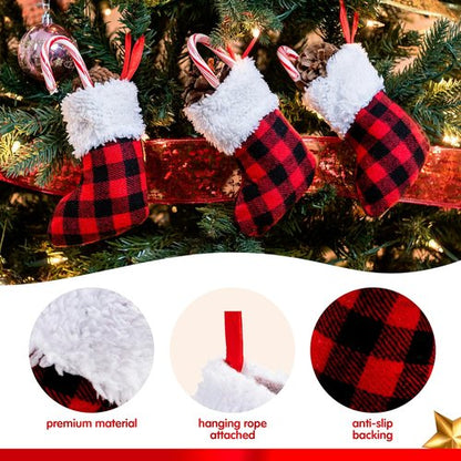 JOYIN 24 PCS Mini Christmas Stockings - Red Black Plaid Decor for Tree & Holiday Parties