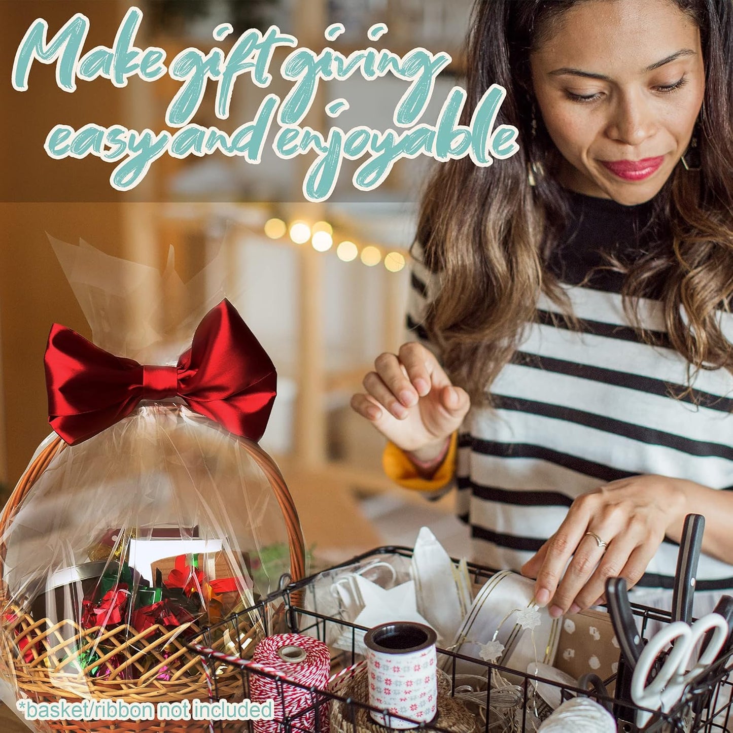 Wowfit 10 CT 16x24 Inch Clear Cellophane Gift Bags – Food-Safe Cello Bags for Small Gift Baskets, Wine Raffles, Bridal or Baby Showers, and More (No Gusset, Ribbon Not Included)