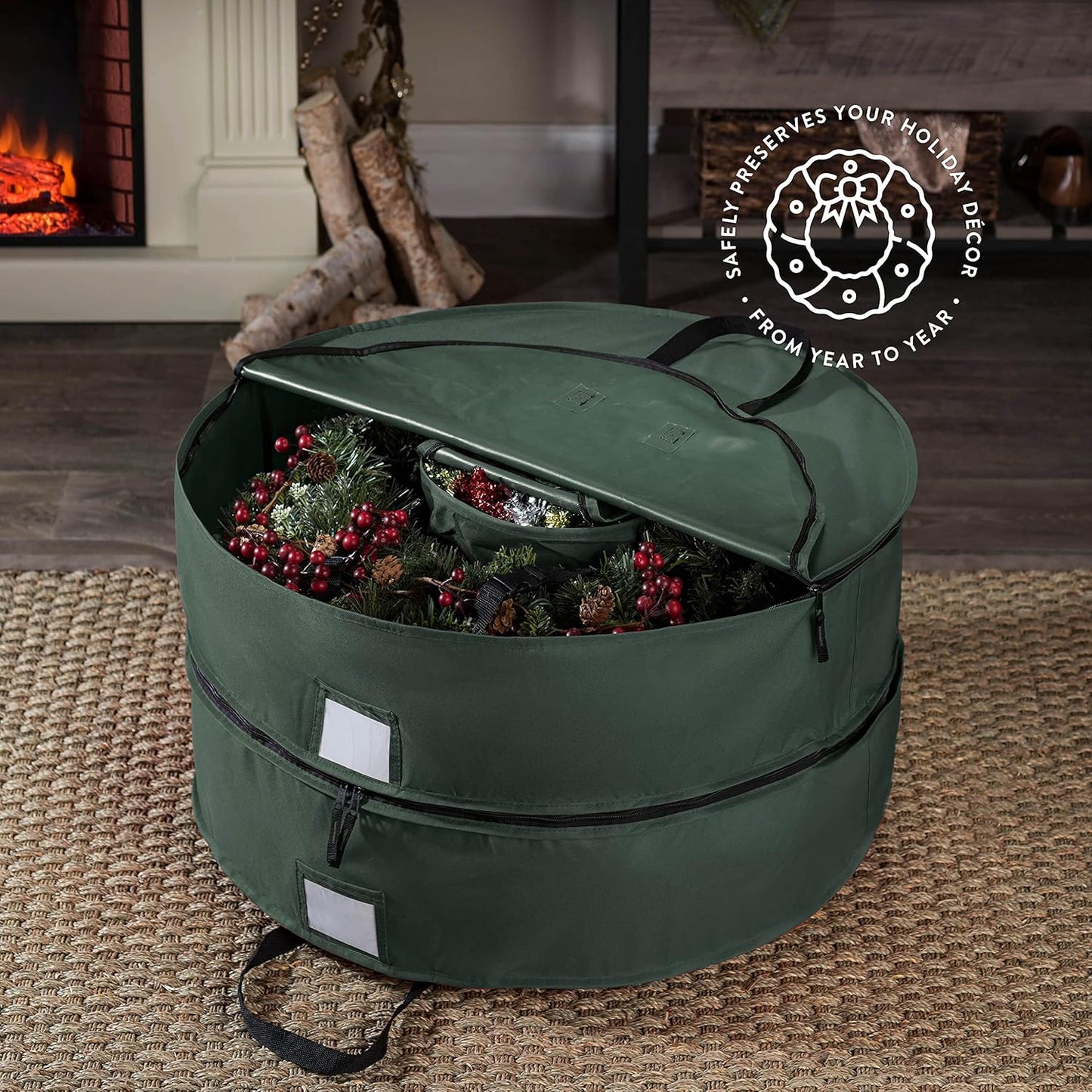 ZOBER Wreath Storage Bag - 24 Inch Christmas Wreath Container with Durable Handles | 600D Oxford Fabric, Fits 2 Wreaths