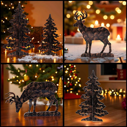 YULETIME 4-Piece Metal Christmas Reindeer & Tree Silhouette Set - Festive Holiday Tabletop Decor