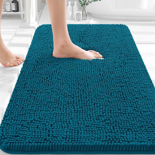 OLANLY Bathroom Rugs 36x24, Extra Soft Absorbent Chenille Bath Rugs, Rubber Backing Quick Dry, Machine Washable Bath Mats for Bathroom Floor, Tub and Shower, Home Decor Accessories, Peacock Blue