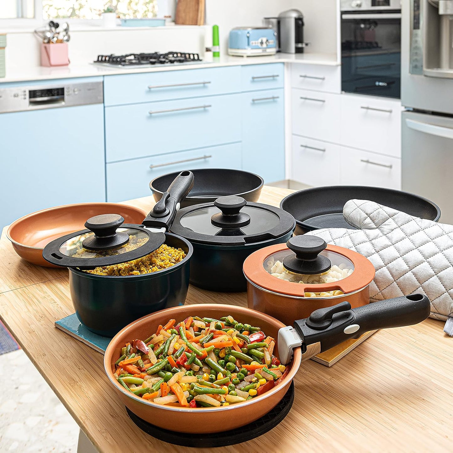 Moss & Stone Nonstick Aluminum Pots and Pans Set - 10-Piece Stackable Cookware in Blue | Dishwasher Safe