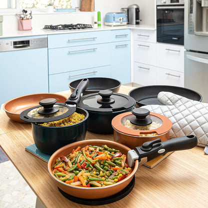 Moss & Stone Nonstick Aluminum Pots and Pans Set - 10-Piece Stackable Cookware in Blue | Dishwasher Safe