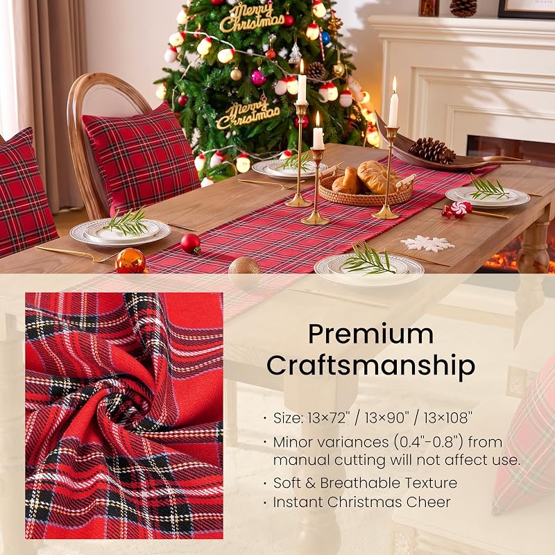 Red Buffalo Plaid Christmas Table Runner 72 Inch – Washable Woven Cotton-Blend
