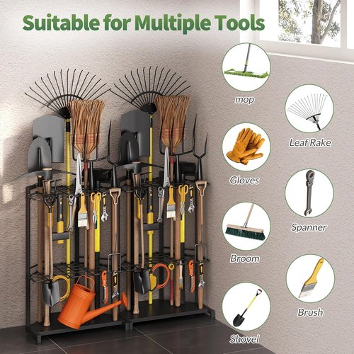 Garden Tool Organizer - Heavy Duty Metal Rack with 34 Storage Compartments & 14 Hooks for Tools