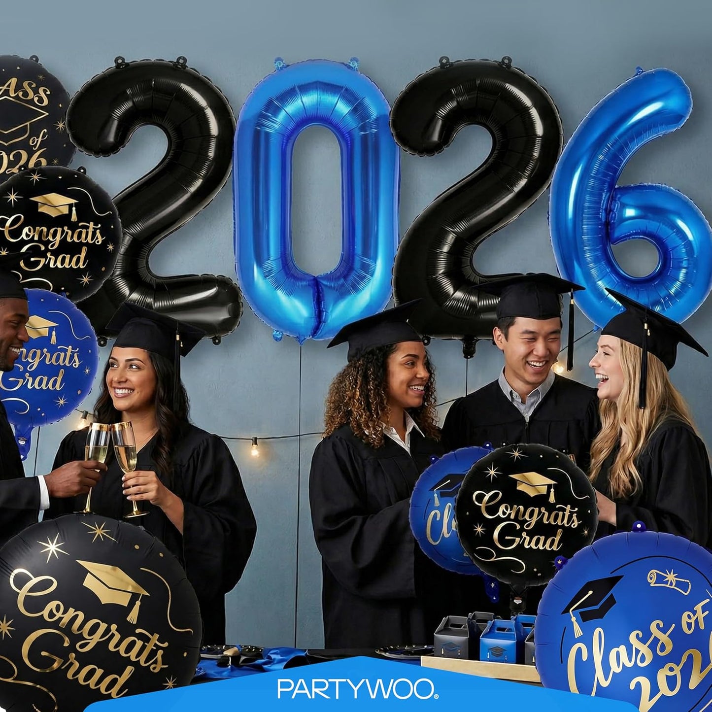 PartyWoo Graduation Balloons - Class of 2026 Foil Number & Mylar Balloons | 12pcs in Black, Blue & Gold