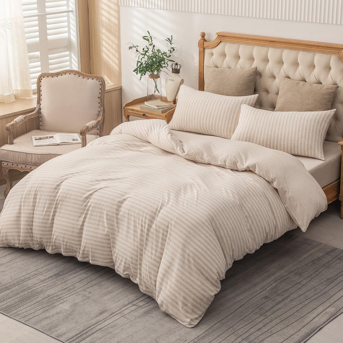 PURE ERA Jersey Knit Duvet Cover Set 100% T-Shirt Heather Cotton Super Soft Comfy Classic Striped Design, with Zipper Closure, Heather Beige Stripe, King