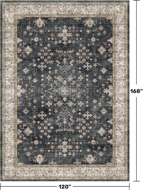 Boho Black Rug - Washable 10x14 Area Rug for Living Room & Dining Room | Soft Low Pile, Non-Slip, Stain Resistant