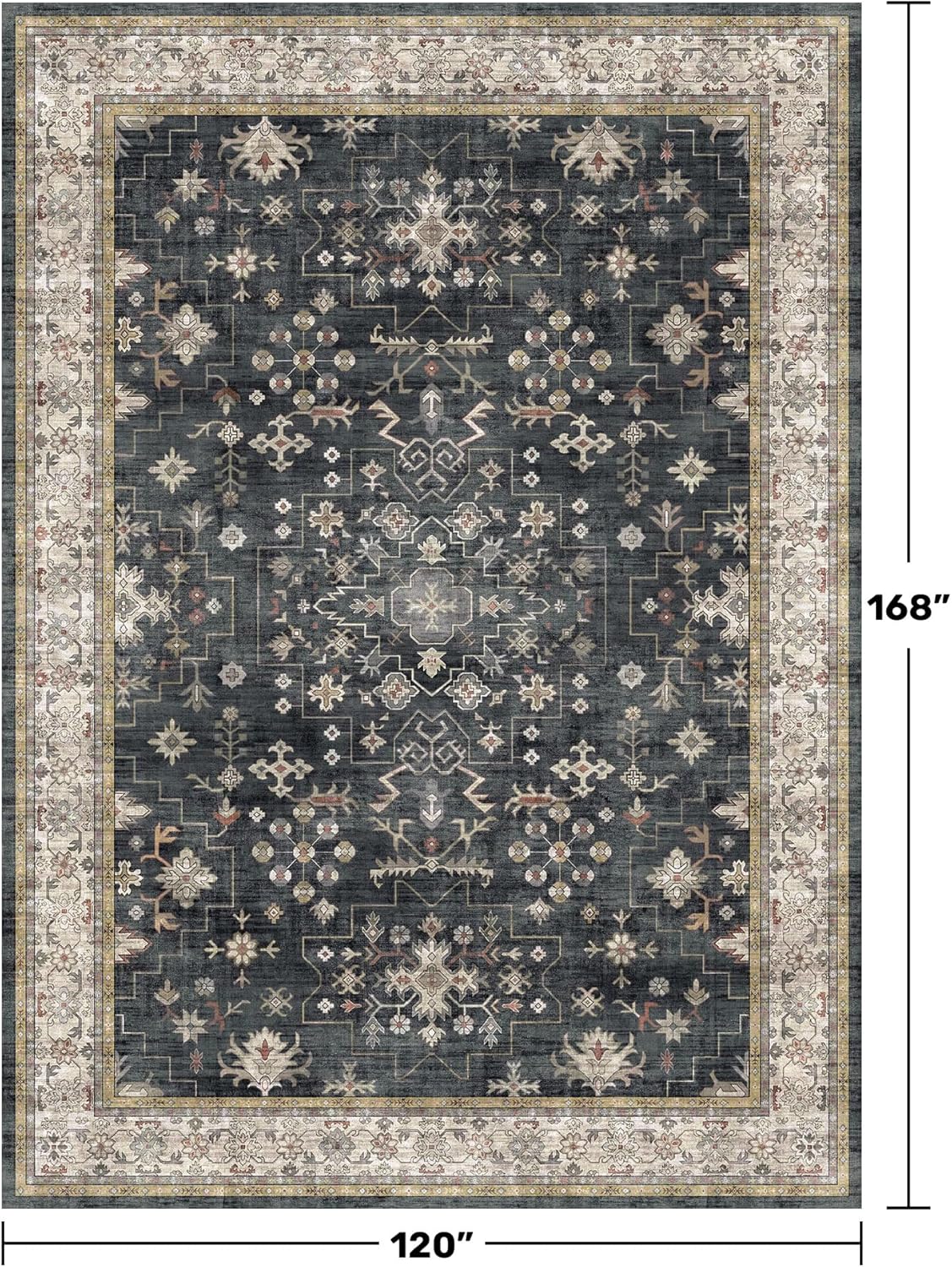 Boho Black Rug | Washable 10x14 Area Rug - Soft Low Pile Carpet for Living Room & Dining Room, Non-Slip & Stain Resistant