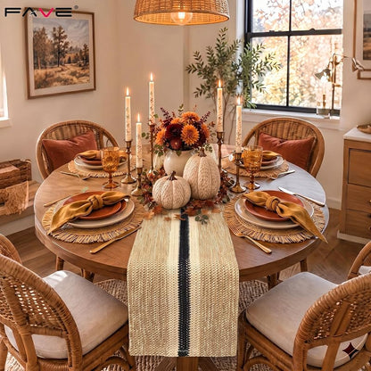 72-Inch Brown Paper Woven Table Runner - Rustic Burlap Style, Variation: Black Striped