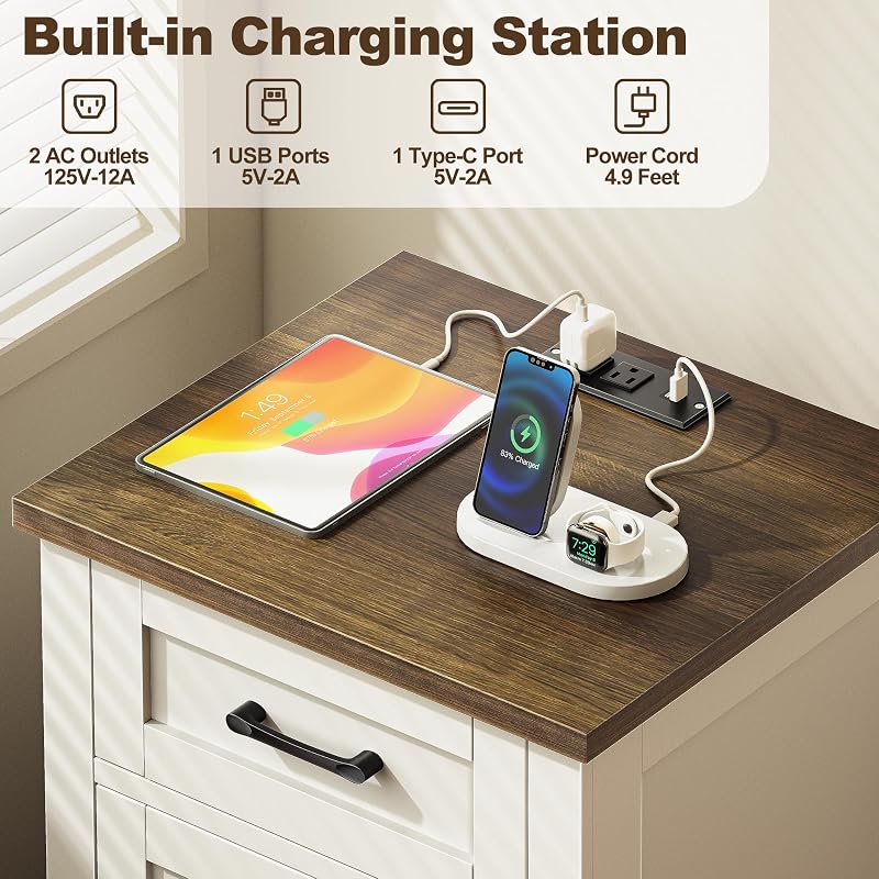 End Table Set of 2 with Built-In Charging Station, White