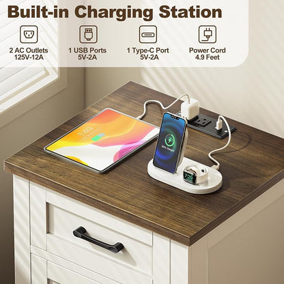 End Table Set of 2 with Built-In Charging Station, White