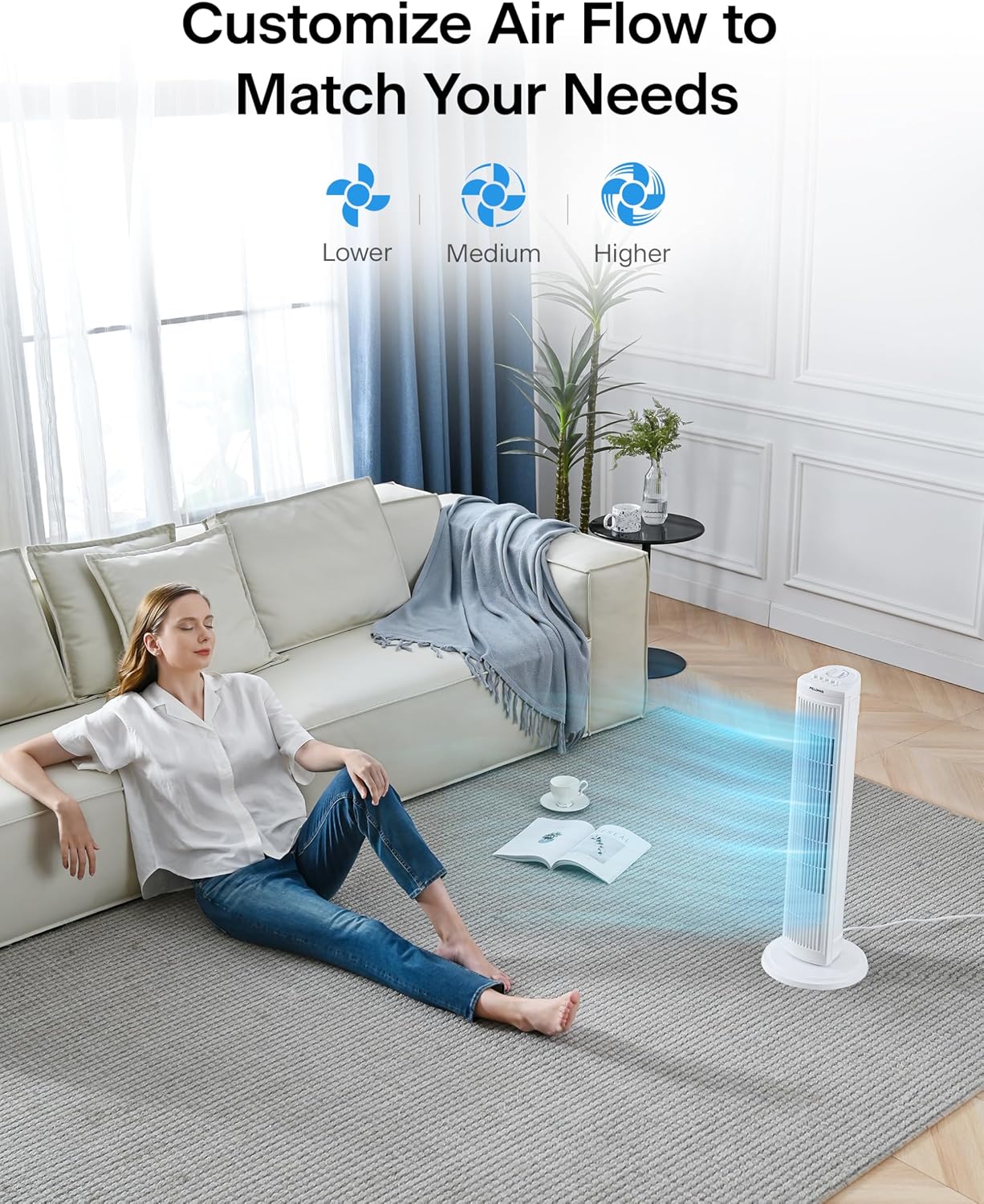 PELONIS 30-Inch Oscillating Tower Fan - 3 Speed Settings & Auto-Off Timer | Stylish White Design