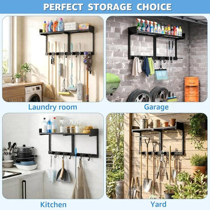 HUFAND Broom Holder Wall Mount - Heavy Duty Mop Organizer with Top Shelf & Vacuum Hook | 27" Black Utility Rack for Laundry, Garage, Kitchen, Garden