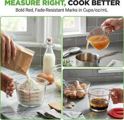 NutriChef Glass Measuring Cup Set - Heat-Resistant Borosilicate with Lids | 2 & 4 Cups (17 & 34 oz)