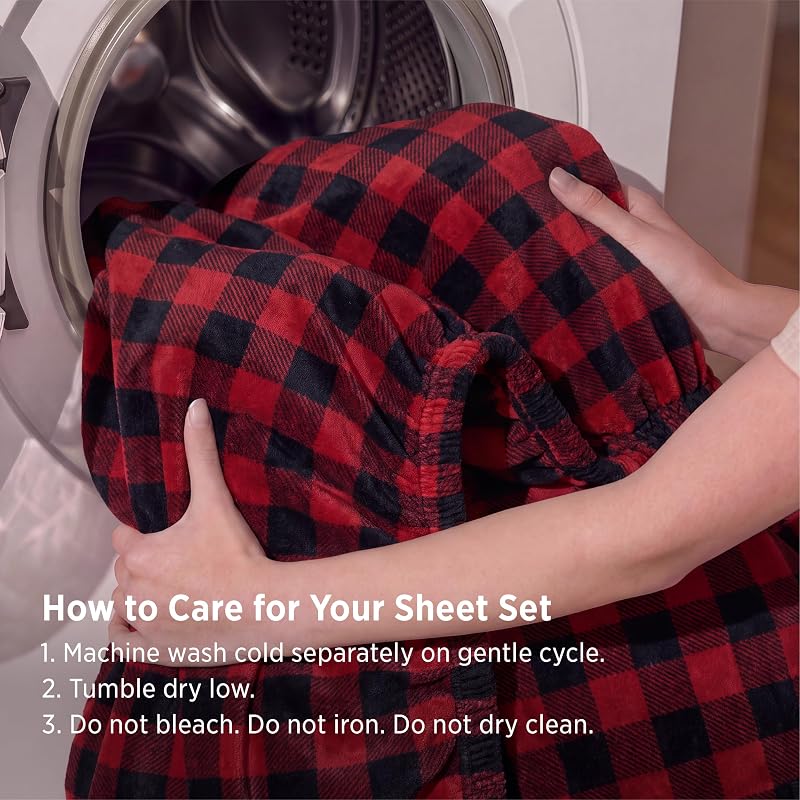 Bedsure Buffalo Plaid Fleece Sheets - Queen, 220 GSM, Anti-Static, 16" Deep Pocket