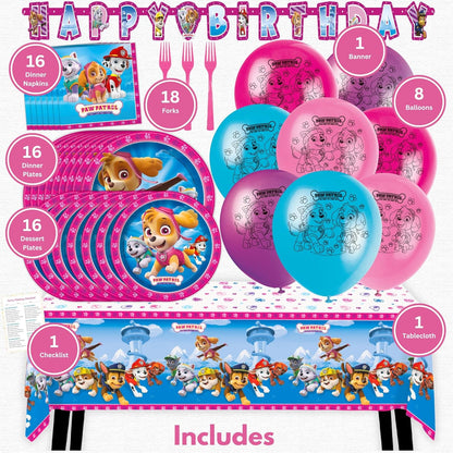 Skye Paw Patrol Birthday Decorations - Complete Party Set for 16 | 32 Plates, Napkins, Banner & More