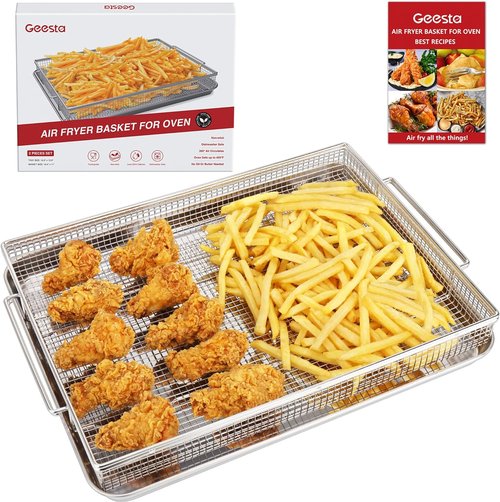 Geesta Air Fryer Basket - Extra Large 16.5” x 12.5” Stainless Steel Tray with 50 Recipes | Perfect for Crispy Foods