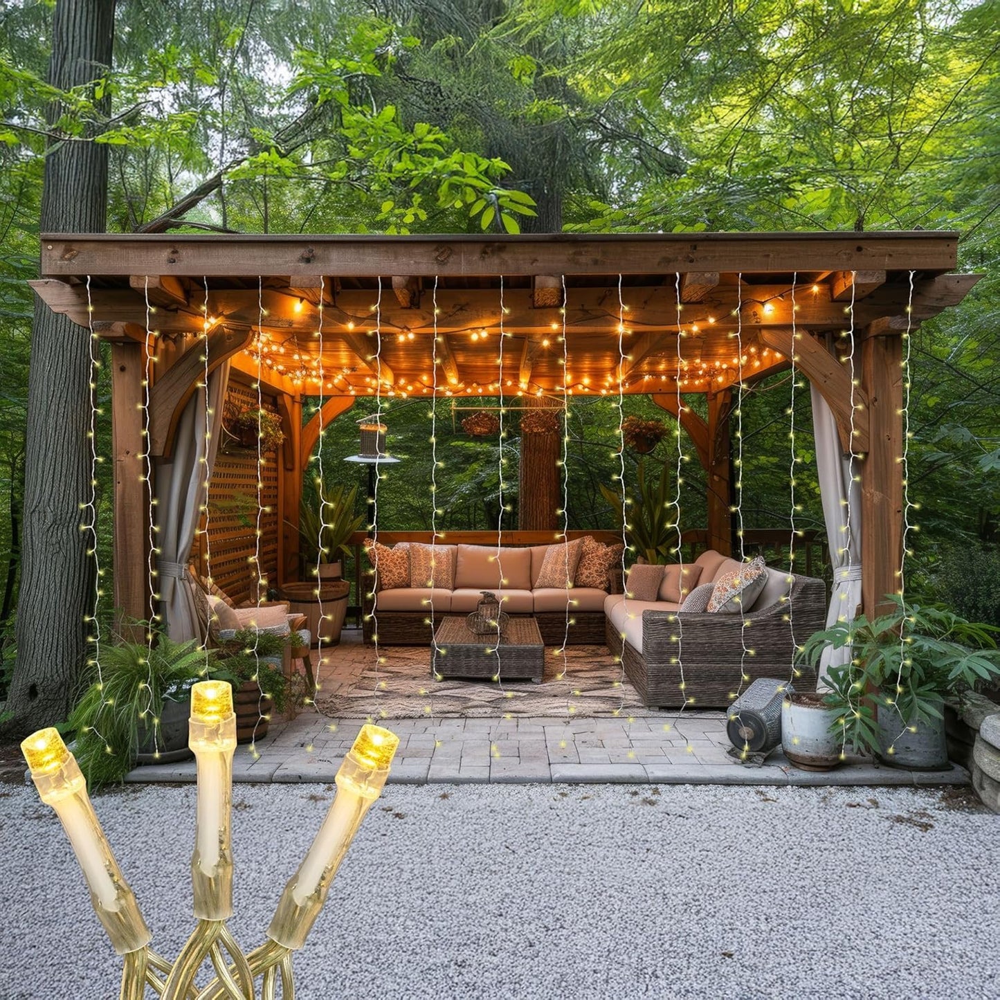 Novelty Lights LED Curtain Light Set - 300 Warm White LEDs with 8 Functions | Clear Wire Design