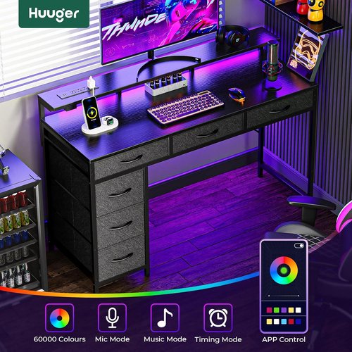 Huuger Gaming Desk - 47 Inch Computer Desk with LED Lights & Power Outlets | Black with 6 Drawers