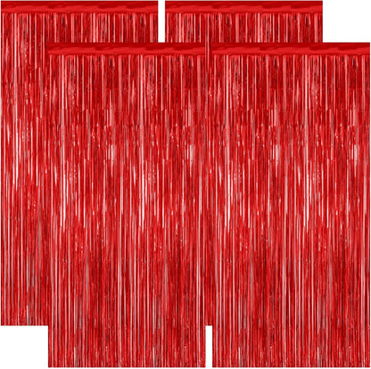 Regine Switzerland Red Backdrop - 4 Pack Metallic Foil Fringe Curtains | 3.28 FT x 7.05 FT Party Decor