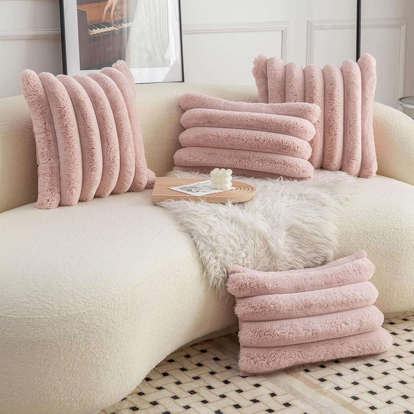 Neelvin Pink Faux Fur Throw Pillow Covers - Cozy Soft Striped Design | Set of 2, 18x18 Inch Velvet Cushion Cases for Sofa