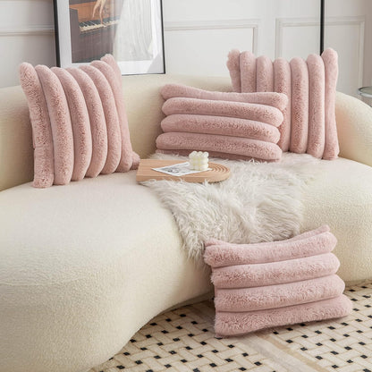 Neelvin Pink Faux Fur Throw Pillow Covers - Cozy Soft Striped Design | Set of 2, 18x18 Inch Velvet Cushion Cases for Sofa