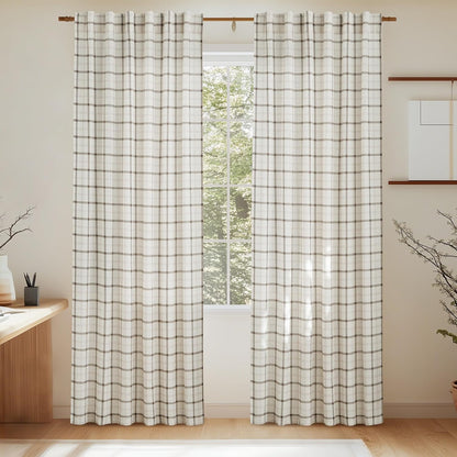 NICETOWN Plaid Window Curtain - 84-Inch Linen Sheer Drapes for Living Room & Bedroom | 52" x 84", White, 1 Pair