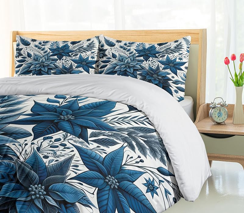 Ambesonne Night Blue Duvet Cover Set with Monochrome Poinsettia Flowers - Queen, 3-Piece