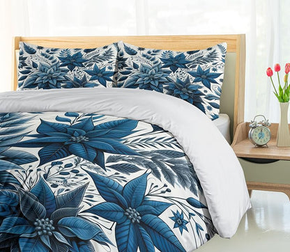 Ambesonne Night Blue Duvet Cover Set with Monochrome Poinsettia Flowers - Queen, 3-Piece