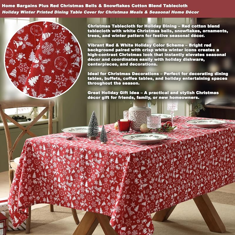 Red 52 x 70 Inch Cotton Blend Tablecloth with Bell & Snowflake Pattern - Holiday Decor