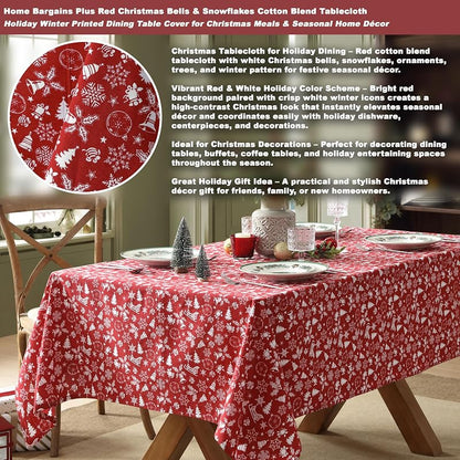 Red 52 x 70 Inch Cotton Blend Tablecloth with Bell & Snowflake Pattern - Holiday Decor
