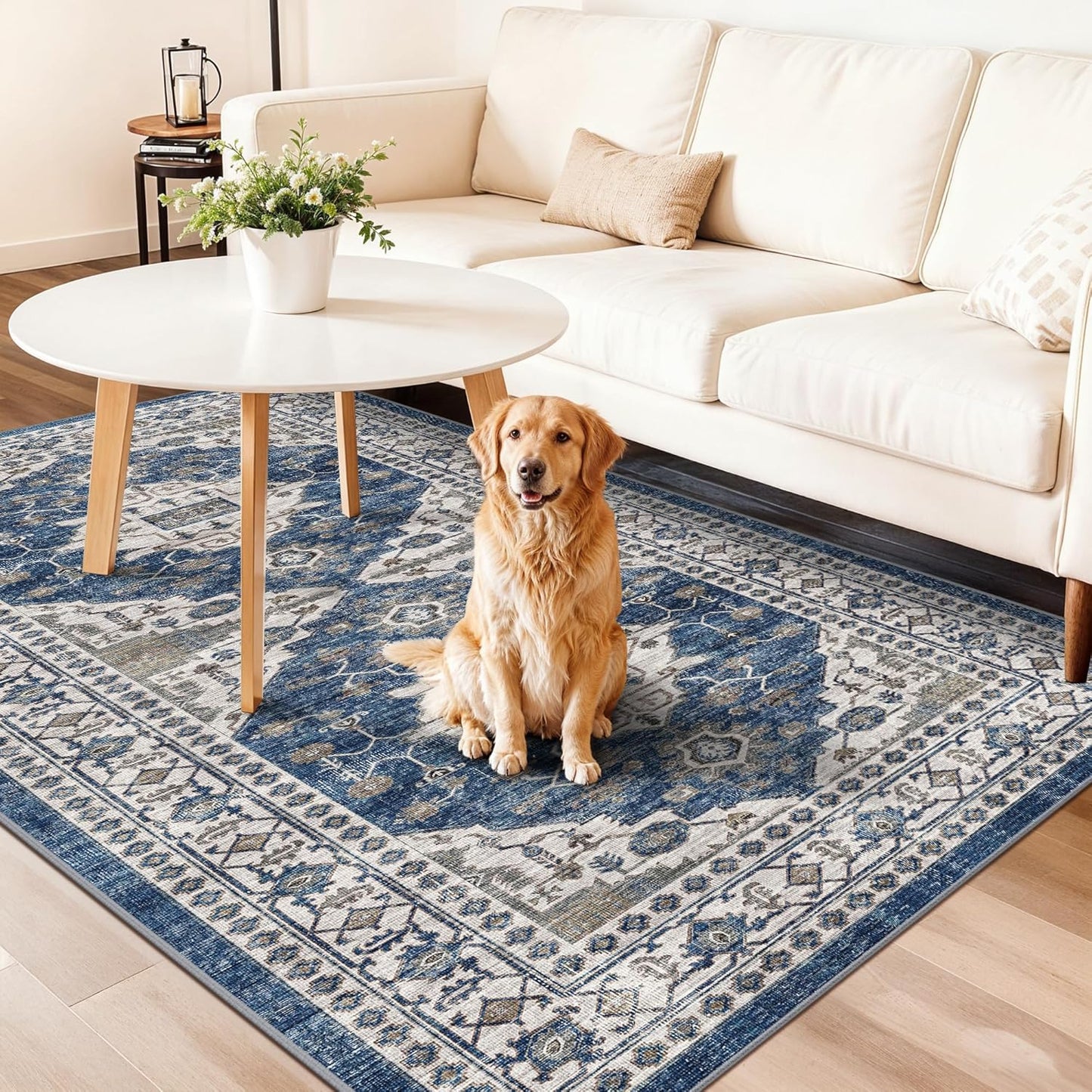 Skiennix Washable 4x8 Hallway Runner Rug - Vintage Soft Low Pile Non-Slip Carpet in Blue for Entryway & Living Room