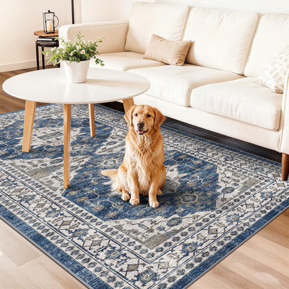 Skiennix Washable 4x8 Hallway Runner Rug - Vintage Soft Low Pile Non-Slip Carpet in Blue for Entryway & Living Room