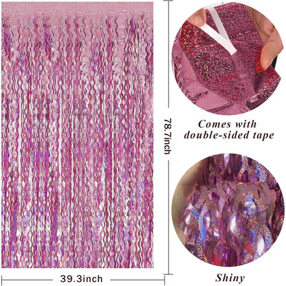 Skiennix Pink Streamers Fringe Backdrop - Sparkling Tinsel Foil Curtains for Party & Photo Booth Decor